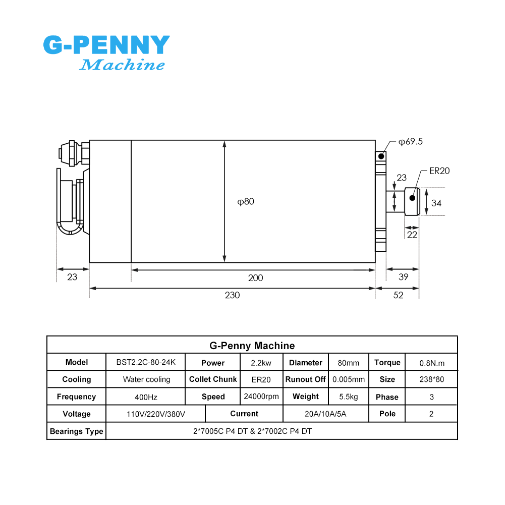 G-Penny 2,2 kW ER20 wassergekü – 2.2Kw Water Cooled Spindle Kit Vfd Bewertung und Preis